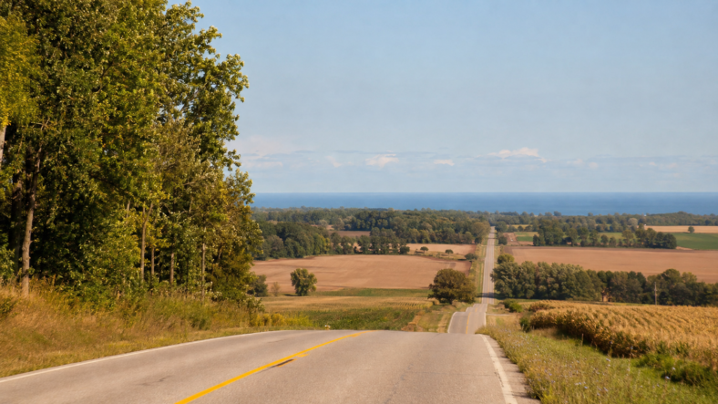 Rural road through farmland overlooking Lake Erie