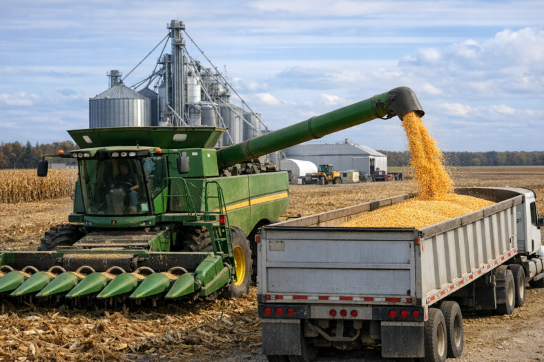 Corn harvester loading harvested grain into a truck beside grain silos